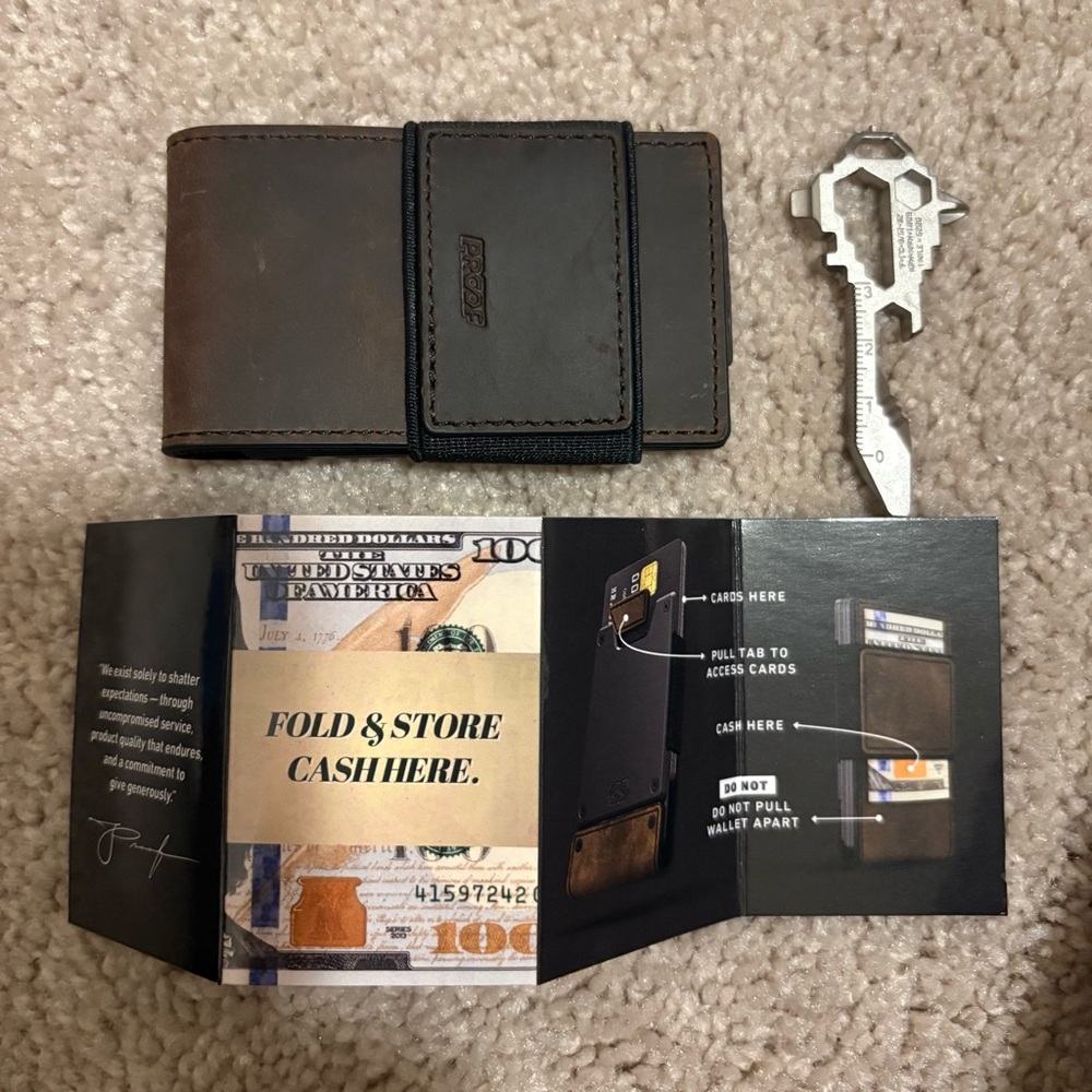 Proof Minimalist Brown Leather Money Clip Wallet with Black Elastic